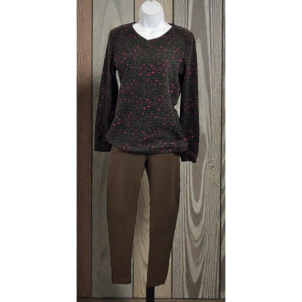 Women's Climate Right By Cuddl Duds Animal Print Pajama Set Sz M Brown Pink